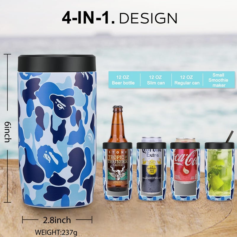 ITSLIFE 4-in-1 Slim Can Cooler Easy to Hold Insulated Beer Can Holder Double-walled Stainless Steel for All 12 Oz Cans (Camouflage Blue) - Image 5